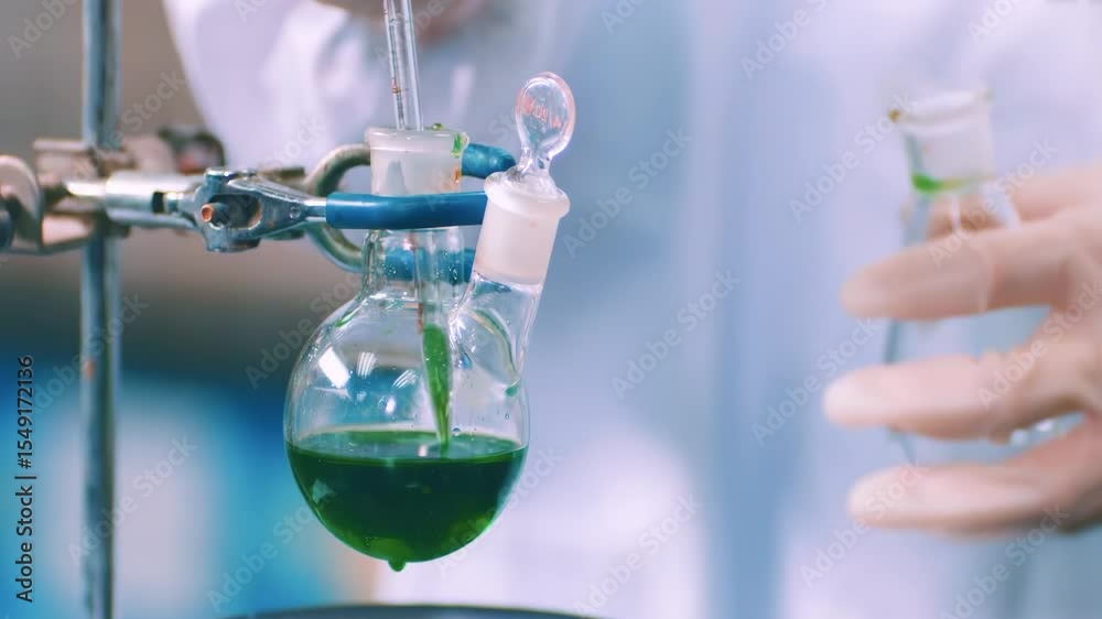 Medical staff use Suction Pipette dispensing green liquid to a tissue culture flask with Suction Pipette for cell culture assay in biological cabinet on in cleanroom environmental facility laboratory.