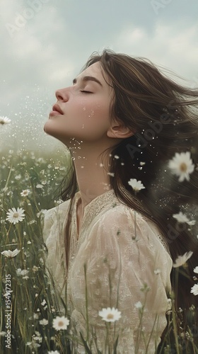 Romantic Woman in Field of Daisies with Eyes Closed in Dreamy Soft Light