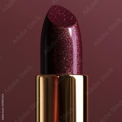 Luxury Deep Plum Lipstick with Gold Glitter and Elegant Golden Tube