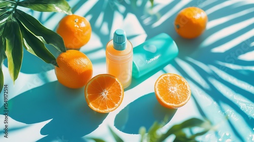 Refreshing Vitamin C Skincare Serum with Oranges on Aqua Background