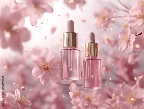 Luxury Pink Serum Bottles with Golden Caps and Cherry Blossoms