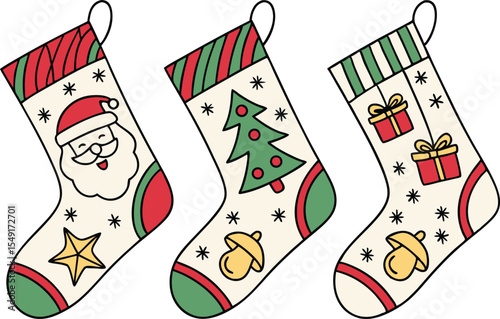 Christmas Socks Drawing Collection for Holiday Art and Crafts. Hand Drawn Christmas Socks Illustrations for Winter Projects. Festive Christmas Sock Sketches for Seasonal Designs and Cards
