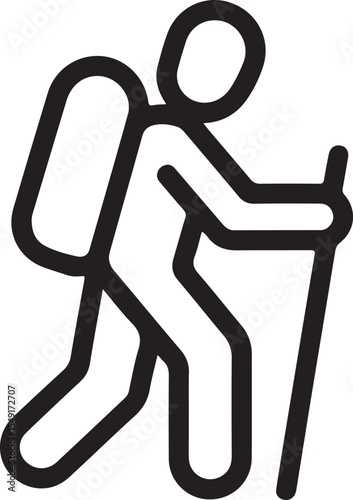 Minimalist Hiking Icon Design of a Person with Backpack and Trekking Pole Navigating a Scenic Mountain Trail with Confidence and Determination