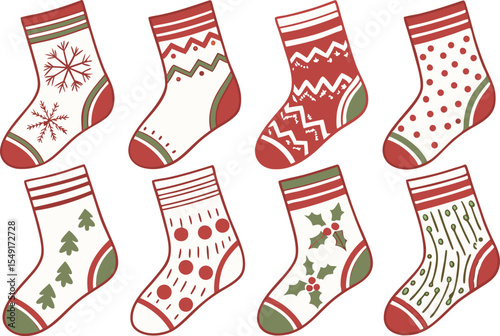 Christmas Socks Drawing Collection for Holiday Art and Crafts. Hand Drawn Christmas Socks Illustrations for Winter Projects. Festive Christmas Sock Sketches for Seasonal Designs and Cards