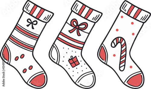 Christmas Socks Drawing Collection for Holiday Art and Crafts. Hand Drawn Christmas Socks Illustrations for Winter Projects. Festive Christmas Sock Sketches for Seasonal Designs and Cards