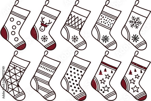 Christmas Socks Drawing Collection for Holiday Art and Crafts. Hand Drawn Christmas Socks Illustrations for Winter Projects. Festive Christmas Sock Sketches for Seasonal Designs and Cards