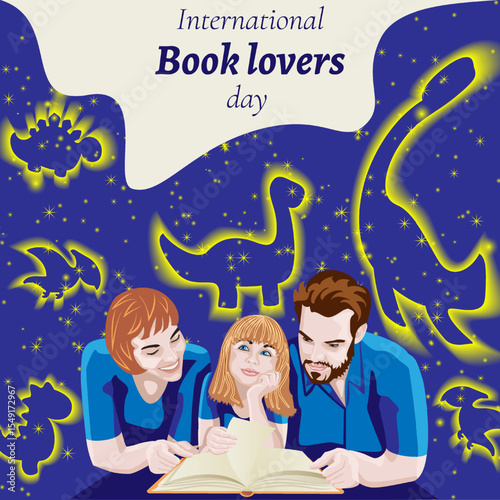 Father, mother and daughter read book. Magical starry sky with dinosaurs. International Book Lovers Day. Square template. Vector illustration.