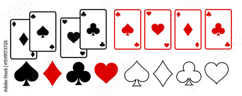 Playing Card Symbols. Isolated on white background, Card aces vector, diamonds, spades, hearts, clubs. aces of all four suits, Playing poker concept. Playing cards icon set, Gambling, Poker vector