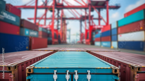 Stacked shipping containers at busy port with cranes, global logistics and supply chain transportation concept, international trade and cargo import export business