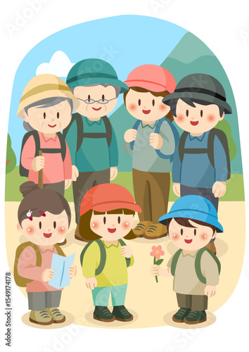 登山を楽しむ三世代家族のイラスト、Three-Generation Family Enjoying Mountain Hiking – Cute Illustration