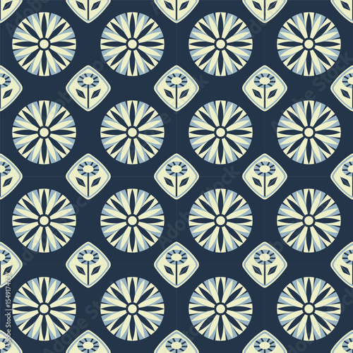A seamless geometric floral pattern featuring stylized light green flowers and circular motifs on a deep navy blue background. Ideal for fabric, wallpaper, textiles, background, decorative projects.