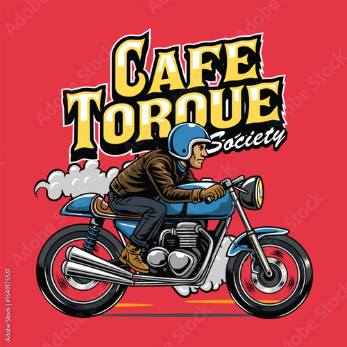 A masculine Man wearing open face crash helmet and jacket riding a blue retro cafe racer motorcycle from side view cartoon illustration