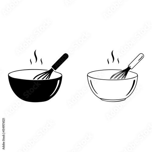 Minimalist black silhouette of a whisk dipped in a mixing bowl on white background, ideal for baking, cooking, kitchenware, culinary branding, recipe icons, or culinary vector designs.