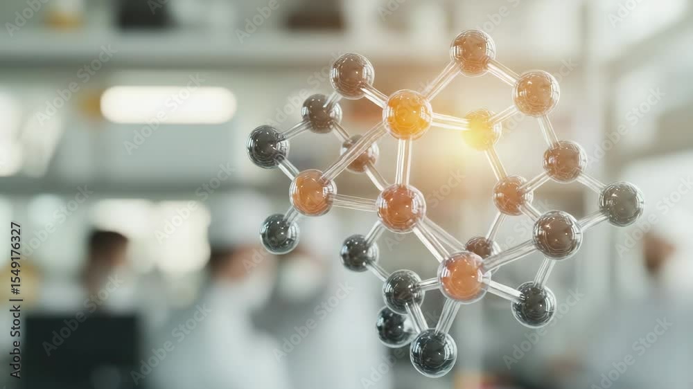 Environmental conservation, eco friendly and sustainable concept. A molecular model with connected atoms is floating in a bright, modern laboratory setting.