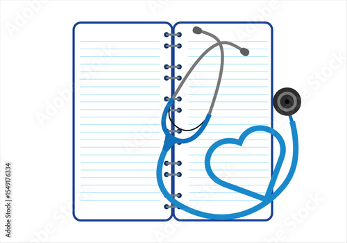 023.008.Stethoscope forming a heart shape on a notebook illustration Vector style