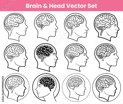 Graphics Set Featuring Human Head Profiles with Brain Drawings in Various Styles