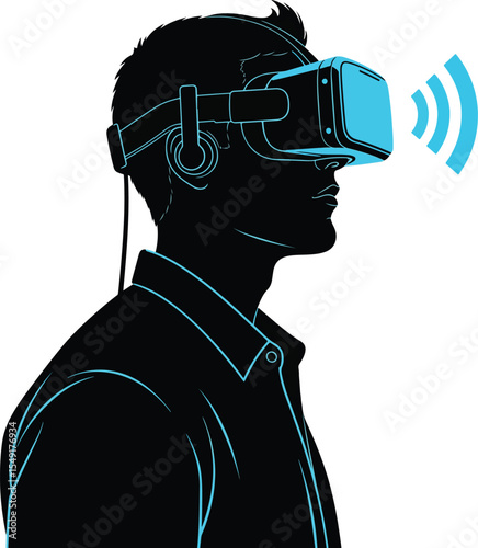 Side view silhouette of a man wearing VR headset, technology and metaverse theme, futuristic vector design.