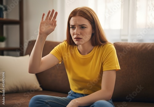 Displeased upset young woman reacting to unpleasant awful idea, dissatisfied with bad quality, wave hand, shake head No, dismiss idea, dont like proposal. Redhead girl sitting on sofa at home room.