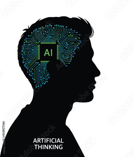  Profile silhouette of a man with digital circuit pattern inside the head, artificial intelligence, tech thinking concept