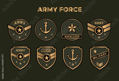 Army set, Military Insignia Soldier Icon Set. Chevron Stripes Badge Gold Logo. Sergeant, General,  Colonel Patch . Golden Army Rank on Dark Background. Isolated Vector Illustration.