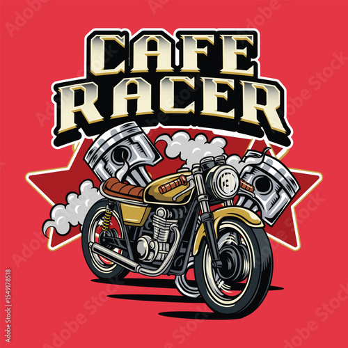 Classic yellow cafe racer motorcycle with steam pistons and bold vintage typography on a red background