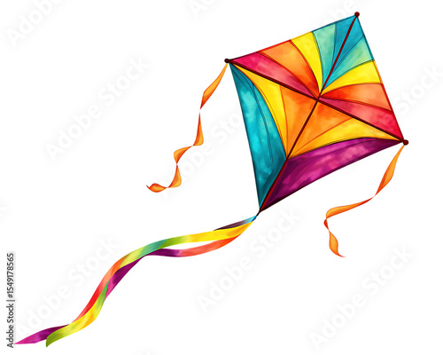 colorful kite flying with waving ribbons isolated on white background PNG ,ai generated