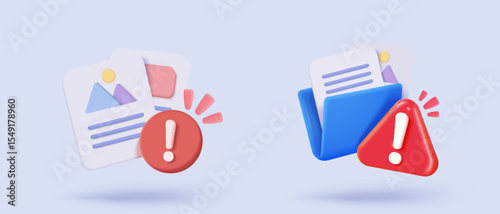 3d folder and multimedia file management icon sign. document file work on project plan is lost. database negative report, document paperwork problem, fail warning. 3d icon vector render illustration
