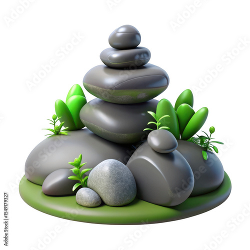 Stacked stones with plants and green base isolated on transparent background