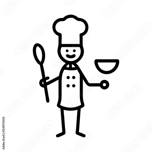 Chef in tall hat with ladle and frying pan on transparent background