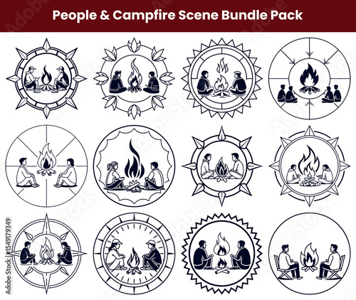 Campfire Illustration Bundle People Around Campfire Designs in Various Circular Frames for Creative Projects