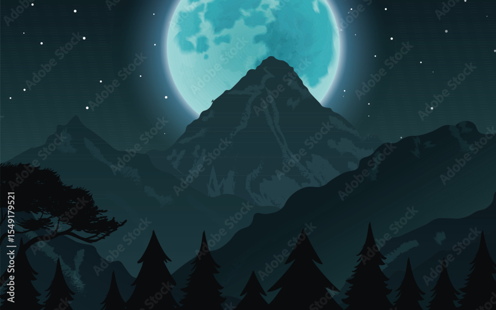 Obraz premium A serene moonlit mountain landscape featuring a large, glowing blue moon illuminating dark peaks and a forest of pine trees under a starry night sky. Evokes mystery and tranquility.