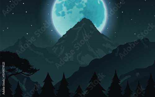 A serene moonlit mountain landscape featuring a large, glowing blue moon illuminating dark peaks and a forest of pine trees under a starry night sky. Evokes mystery and tranquility.