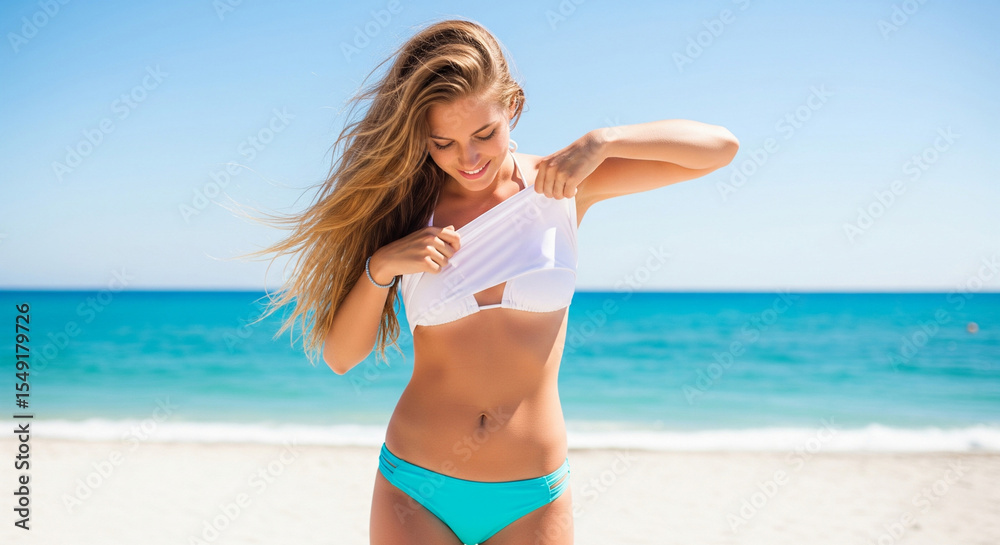 Naklejka premium Young charming woman on the beach at the moment of taking off her top, seductive photo, beach vacation, hello summer