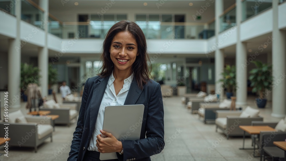 Fototapeta premium Businesswoman smiling in modern office lobby