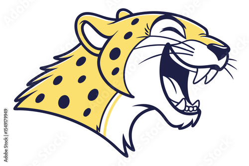 A cartoon style jaguar head roars with its mouth wide open gleefully