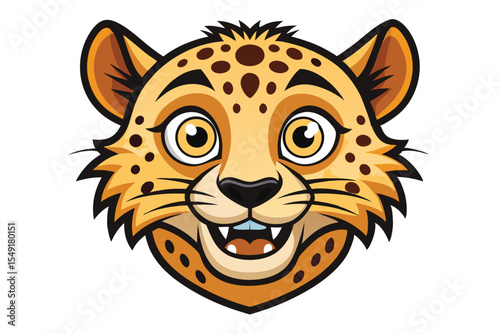 Cartoonish cheetah head displays a playful smile with outlined features against white space