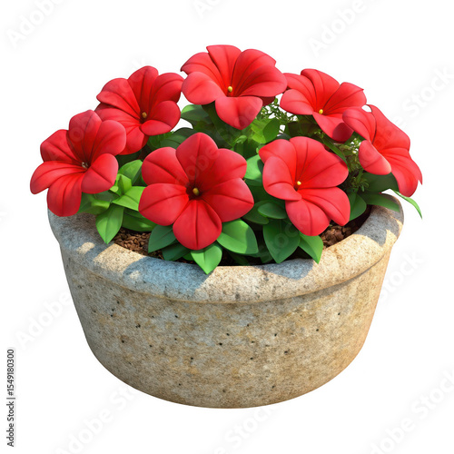 Red petunia flowers in stone pot isolated on transparent background