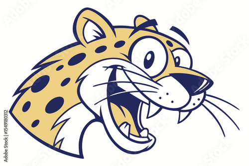 Cartoonish jaguar with yellow fur and spots appears to be roaring loudly in art