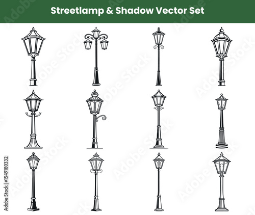 Collection of Decorative Black and White Street Lamp Illustrations Design Set on White Background