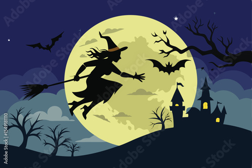 A stylized illustration of a witch flying on a broom against a backdrop of a full moon, dark night sky, and a spooky castle.
