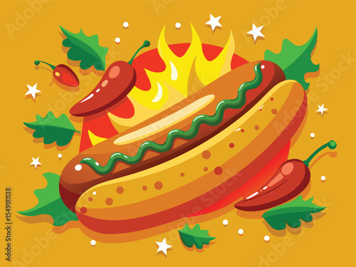 Vibrant cartoon illustration of a hot dog, featuring bright colors and a fun, appetizing style.