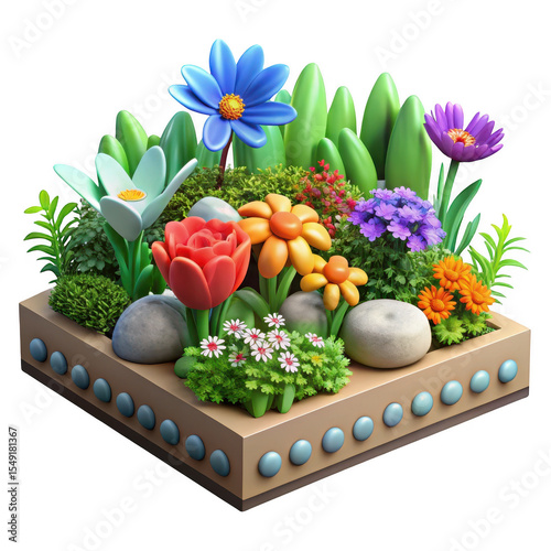 Cartoon flower bed with colorful flowers isolated on transparent background