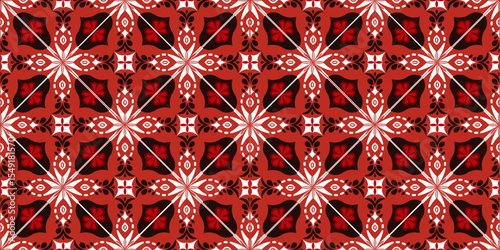 Intricate Floral and Geometric Tile Design in Red and White, fabric illustration, clothes pattern, modern floral pattern, use to floor decoration, wall design, abstract mosaic background vector.