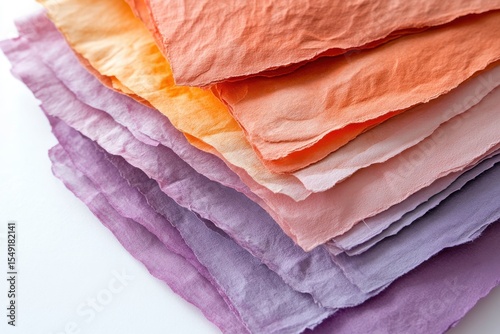  Stack of hand-dyed paper in light pink, dark orange, and deep purple shades with soft wrinkles on white background, ideal for packaging design, web banners, and branding materials. 
