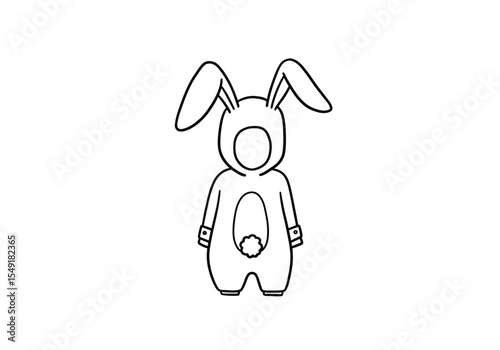 Bunny suit drawing. It is a black and white outline image of a bunny suit, a full-body costume with rabbit ears and a fluffy tail. Vector sketch line art draw.