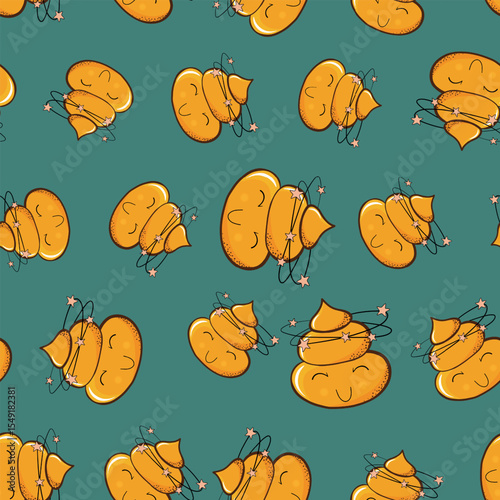 Seamless pattern with kawaii poop on color background. Cartoon poo, feces icons. Shit patterns, evil turd. Vector illustration for invitation, poster, card, fabric, textile. Doodle style.