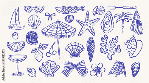 Summer vacation doodle illustration collection. Beach and travel elements set. Cute blue ink style. Vector illustration