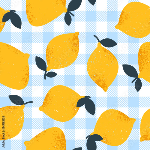 Fresh lemons on blue summer gingham background. Cute seamless pattern. 