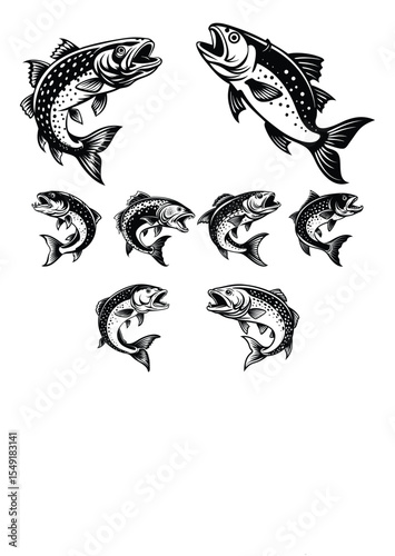 Stylized Black and White Salmon or Trout Fish Set.