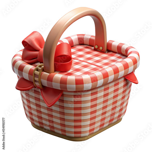 Picnic basket with red and white checkered pattern isolated on transparent background